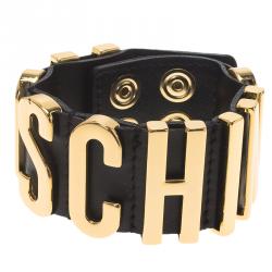 Pre Owned Moschino Logo Black Leather Bracelet