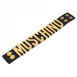 Pre Owned Moschino Logo Black Leather Cuff Bracelet S