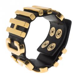 Pre Owned Moschino Logo Black Leather Cuff Bracelet S