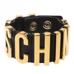 Pre Owned Moschino Logo Black Leather Cuff Bracelet S