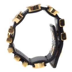 Pre Owned Moschino Logo Black Leather Cuff Bracelet S