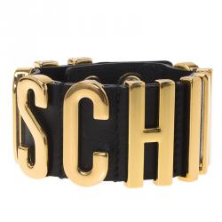 Pre Owned Moschino Logo Black Leather Cuff Bracelet S