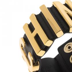 Pre Owned Moschino Logo Black Leather Cuff Bracelet S