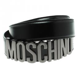 Pre Owned Moschino Black Leather Logo Belt 90 CM
