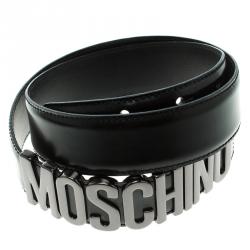 Pre Owned Moschino Black Leather Logo Belt 90 CM