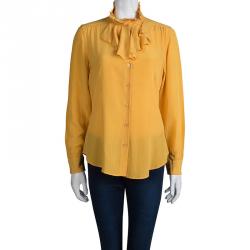 Moschino Yellow Ruffle Detail Long Sleeve Silk Blouse L