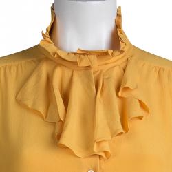 Moschino Yellow Ruffle Detail Long Sleeve Silk Blouse L