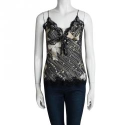 Pre Owned Moschino Printed Silk Bow Detail Lace Trim Sheer Camisole M