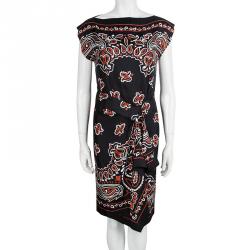 Pre Owned Moschino Couture Black Paisley Printed Silk Draped Dress S
