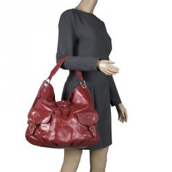 Pre Owned Moschino Red Patent Leather Double Pocket Hobo