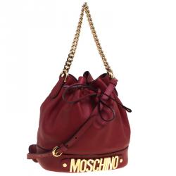  Moschino Red Leather Bucket Drawstring Hobo