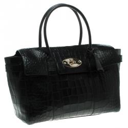 Pre Owned Mulberry Black Croc Embossed Leather Bayswater Satchel