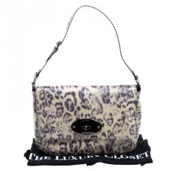 Pre Owned Mulberry Grey/Cream Leopard Print Patent Leather Bayswater Shoulder Bag