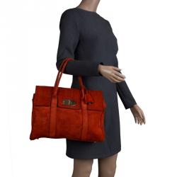 Mulberry Orange Croc Embossed Suede Bayswater Satchel