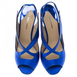 Pre Owned Nicholas Kirkwood Cobalt Blue Satin Cross Strap Slingback Sandals Size 38.5
