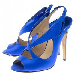 Pre Owned Nicholas Kirkwood Cobalt Blue Satin Cross Strap Slingback Sandals Size 38.5