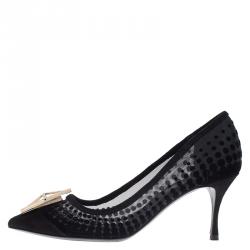 Pre Owned Nicholas Kirkwood Black Suede and Mesh Hexagon Embellished Pumps Size 35.5