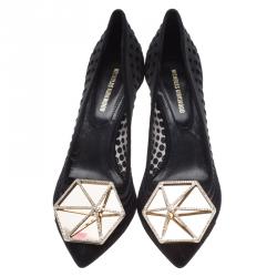 Pre Owned Nicholas Kirkwood Black Suede and Mesh Hexagon Embellished Pumps Size 35.5