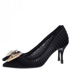 Pre Owned Nicholas Kirkwood Black Suede and Mesh Hexagon Embellished Pumps Size 35.5