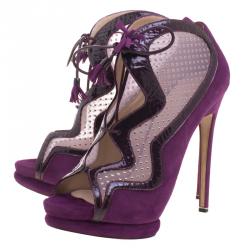Nicholas Kirkwood Purple Suede and Mesh Lace Up Ankle Boots Size 39