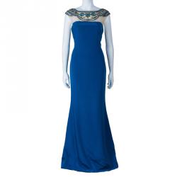 Pre Owned Notte By Marchesa Blue Embellished Gown L