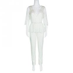 Pre Owned جمبسوت نوتي باي ماكيزا بحزام وياقة V دانتيل بيضاء M