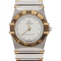 Pre Owned Omega White Stainless Steel and 18K Yellow Gold Constellation 6014 Women's Wristwatch 22.5MM