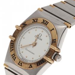 Pre Owned Omega White Stainless Steel and 18K Yellow Gold Constellation 6014 Women's Wristwatch 22.5MM