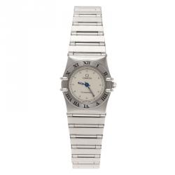 Pre Owned Omega Cream Stainless Steel and 18K White Gold Constellation 6168 Women's Wristwatch 23MM