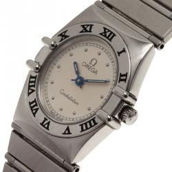 Pre Owned Omega Cream Stainless Steel and 18K White Gold Constellation 6168 Women's Wristwatch 23MM