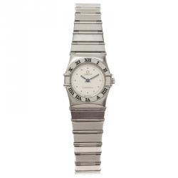 Pre Owned Omega Cream Stainless Steel and 18K White Gold Constellation 6168 Women's Wristwatch 23MM