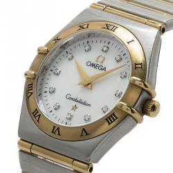 Pre Owned Omega White 18K Yellow Gold and Stainless Steel Constellation Women's Wristwatch 24MM
