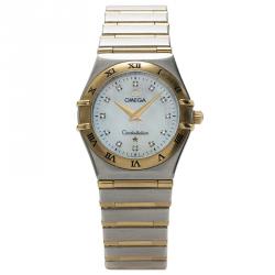 Pre Owned Omega White 18K Yellow Gold and Stainless Steel Constellation Women's Wristwatch 24MM