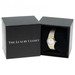 Pre Owned Omega White 18K Yellow Gold and Stainless Steel Constellation Women's Wristwatch 24MM