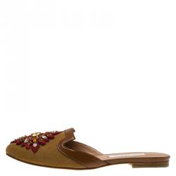 Pre Owned Oscar De La Renta Brown Embellished Canvas and Leather Flat Spanish Mules Size 36