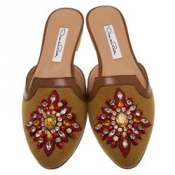 Pre Owned Oscar De La Renta Brown Embellished Canvas and Leather Flat Spanish Mules Size 36