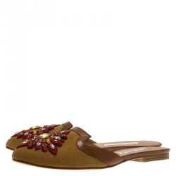 Pre Owned Oscar De La Renta Brown Embellished Canvas and Leather Flat Spanish Mules Size 36