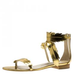 Pre Owned Oscar De La Renta Gold Metallic Leather Abigail Feather Sandals Size 39.5