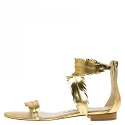 Pre Owned Oscar De La Renta Gold Metallic Leather Abigail Feather Sandals Size 39.5
