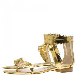Pre Owned Oscar De La Renta Gold Metallic Leather Abigail Feather Sandals Size 39.5