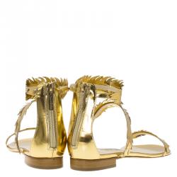 Pre Owned Oscar De La Renta Gold Metallic Leather Abigail Feather Sandals Size 39.5