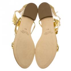 Pre Owned Oscar De La Renta Gold Metallic Leather Abigail Feather Sandals Size 39.5