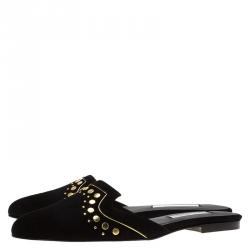 Pre Owned Oscar De La Renta Black Studded Suede Calista Flat Mules Size 38