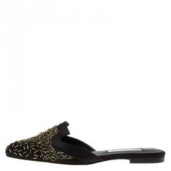 Pre Owned Oscar De La Renta Black Embellished Satin Calista Flat Mules Size 36.5