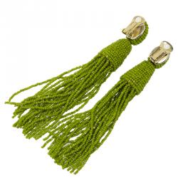 Pre Owned Oscar de la Renta Green Beaded Tassle Earrings
