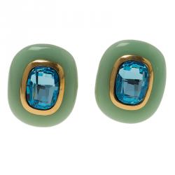 Pre Owned Oscar de la Renta Green Resin Blue Crystal Clip on Earrings