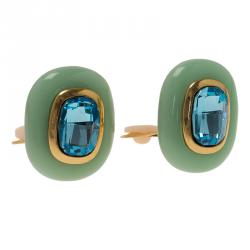 Pre Owned Oscar de la Renta Green Resin Blue Crystal Clip on Earrings