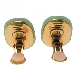 Pre Owned Oscar de la Renta Green Resin Blue Crystal Clip on Earrings