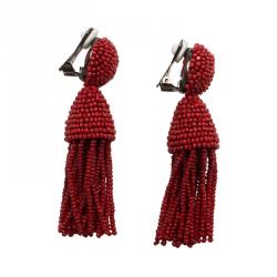 Pre Owned Oscar de la Renta Red Beaded Tassle Earrings