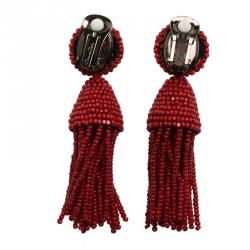 Pre Owned Oscar de la Renta Red Beaded Tassle Earrings